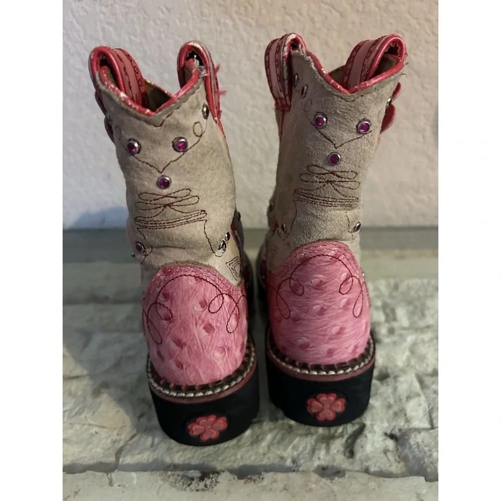 Youth Girl's Size 8.5 Ariat Fatbaby Cowgirl Boots Pink Flower Rhinestone